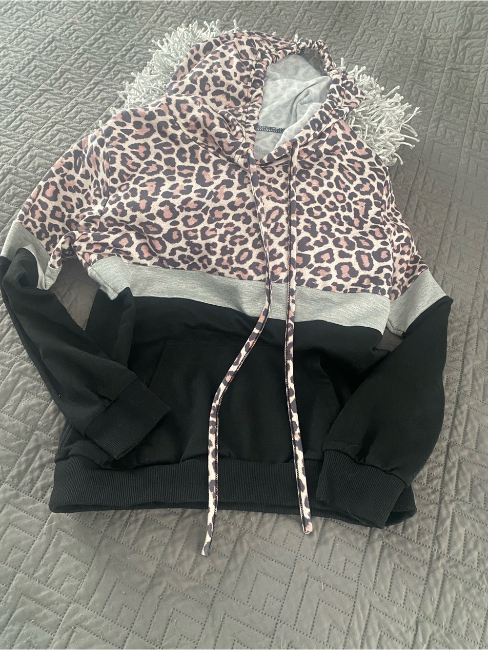 Black stripe Leopard Print Hooded Pullover